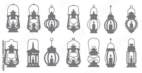 collection of gray silhouette oil lamps and lanterns