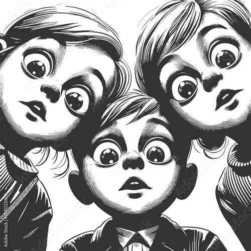 children peering down with wide eyes, creating a dramatic and playful perspective effect sketch engraving generative ai fictional character vector illustration. Scratch board. Black and white image.