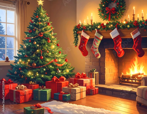 Cozy decorated Christmas living room with glowing tree, wrapped presents, lit fireplace, stockings and warm festive candles