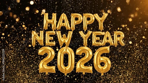 Golden happy new year 2026 balloons with fireworks on black background