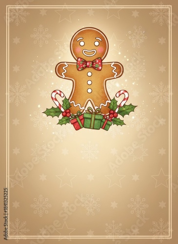 Gingerbread Christmas greeting invitation card, holidays, cute santa, illustration message card