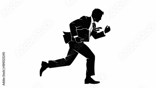 Silhouette of a businessman running with a briefcase.