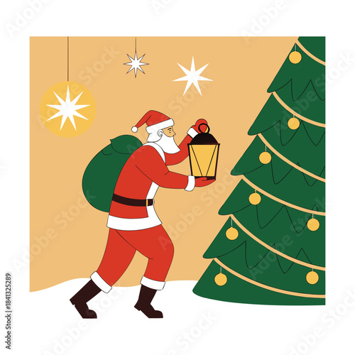 Santa claus walking with a lantern near a christmas tree on a festive background with snow and decorations