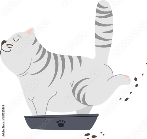 Grey striped cat digging inside a food bowl in a silly, playful pose. Great for humorous pet illustrations.