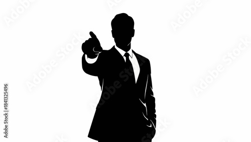 Silhouette of a man in a suit pointing forward with his finger.