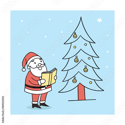 A cheerful cartoon santa claus reading a book beside a decorated christmas tree on a light blue background with snowflakes