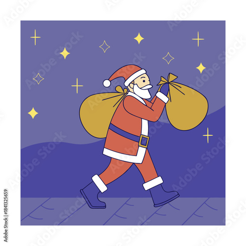 Santa claus walking with a big sack of toys on his back at night with stars shining