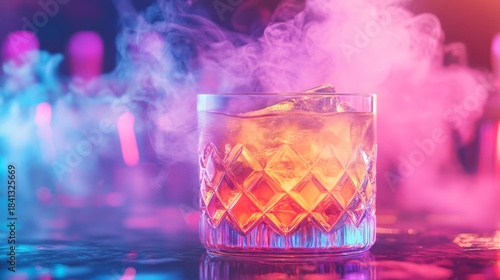 In a lively nightclub colorful cocktail is crafted and served over ice, creating captivating smoke effects. Adults gather to enjoy an extraordinary experience in an exciting and delightful atmosphere