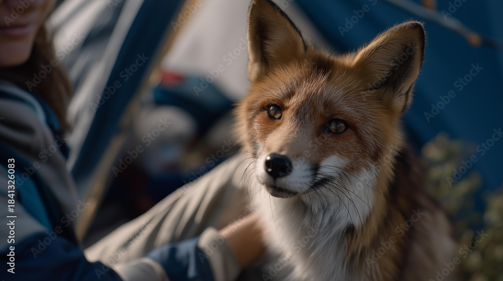 Naklejka premium A veterinary surgeon stitching a wound on a rescued wildlife fox, outdoor field tent blowing softly in the wind — wildlife rehabilitation surgery, rescue medicine, and front-line animal
