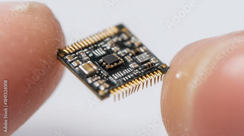 microchip circuit electronics microcontroller pcb tiny fingers technology close up of a miniature module held between fingers for hardware testing and assembly