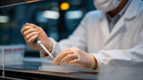 A laboratory scientist adjusting sterile gloves inside a biosafety cabinet, fingertips steady as they handle delicate pipettes and microtubes — contamination prevention, molecular research, and