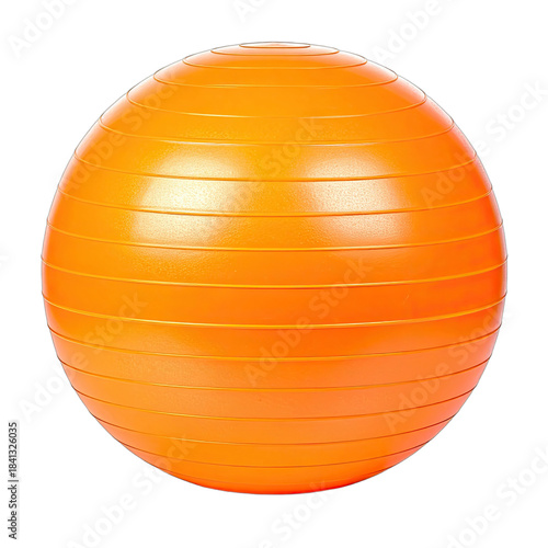 A bright orange stability ball floats against a stark black background.
