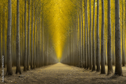Trees forest path autumn leaves symmetry, tunnel of yellow foliage in lined plantation, perspective walkway between tall trunks creating vanishing point and tranquil scene