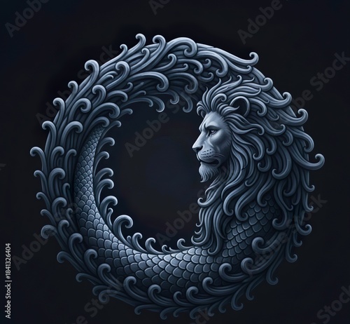 Mythical Lion-Fish Hybrid in Circular Wave Design