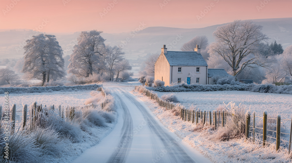 Naklejka premium cottage countryroad snow frost sunrise farmhouse winter rural, isolated stone house by a snowy lane at dawn with frosted trees and hedgerow, tranquil landscape with soft pink sky