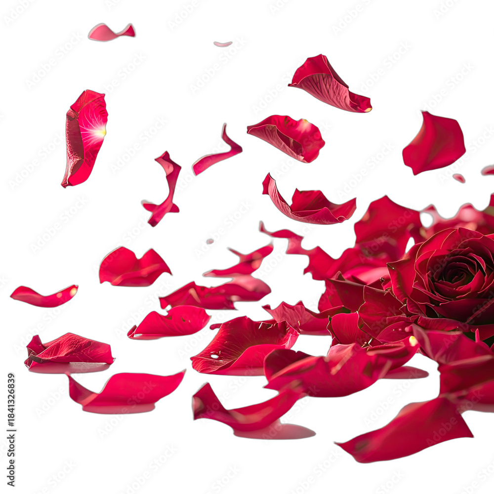 Fototapeta premium Vibrant red rose petals cascade dramatically against a stark black background.