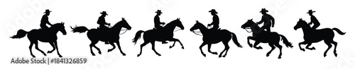 Cowboy riding horse silhouette vector set