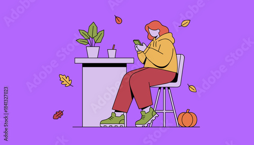 Cozy autumn illustration Person sitting and scrolling on a smartphone near a pumpkin and fall leaves