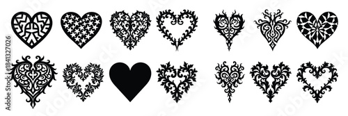 Collection of black ornamental heart shapes and designs 1