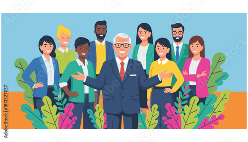 A diverse team of professionals led by a confident senior businessman illustrating corporate success