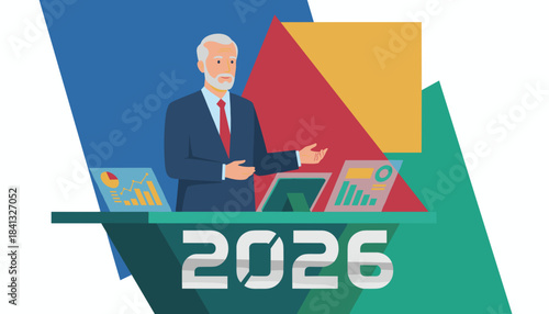 Senior speaker presents the 2026 business plan and financial strategy using interactive charts