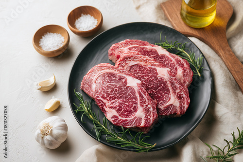 ribeye steak raw marbled garlic rosemary salt olive oil three raw ribeye steaks on black plate with fresh rosemary garlic cloves sea salt bowls and bottle of oil for cooking