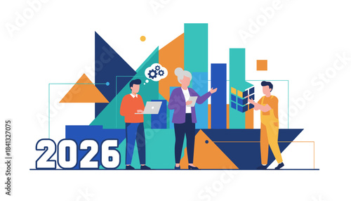 Business team analyzing data and planning strategy for the year 2026