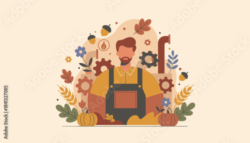 Industrial worker with gears and fall harvest crops Labor production and autumnal output design