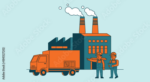 Manufacturing and logistics Workers manage a delivery truck outside the factory