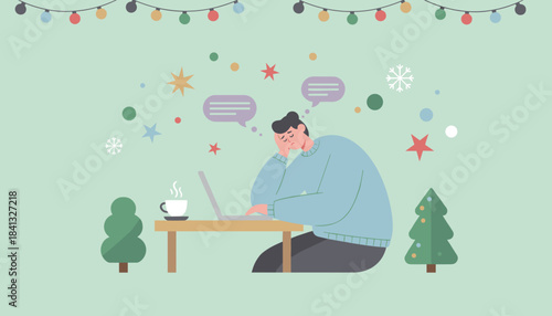 Holiday work stress Tired man working remotely on a laptop amidst festive winter decorations
