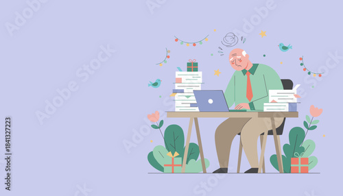 Stressed office worker buried in paperwork during the busy holiday season Burnout concept