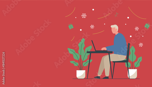 Senior man working remotely on a laptop with festive Christmas decorations and ample copy space