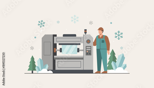 Engineer operating industrial production machine amidst winter snow and crystals