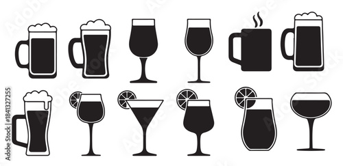 collection of black silhouette drinkware icons including