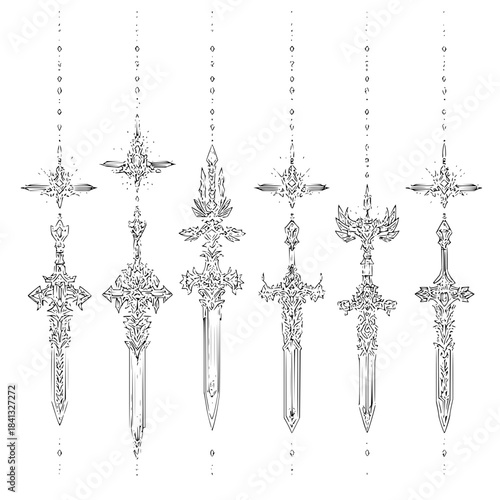 Ornate swords collection with intricate designs and decorative elements for fantasy illustrations and art