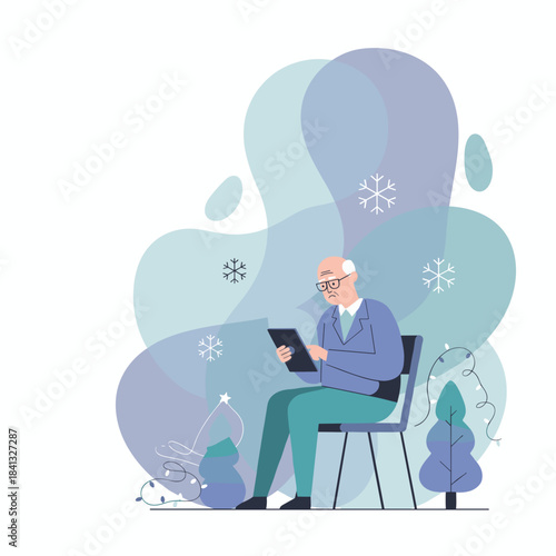 Elderly man using a tablet computer during the winter holidays surrounded by snowflakes and abstract shapes