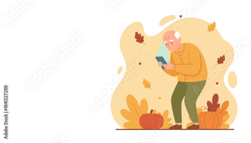 Senior citizen frustrated while using a mobile phone reflecting the digital divide during autumn