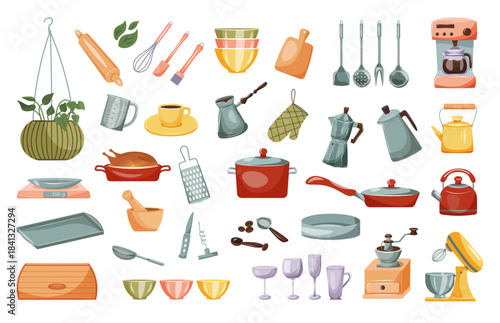 Stylish kitchen tools vector elementS set.  Cookware, utensils, mixer, cups, and decor element. Ideal for packaging, menus, branding, blogs, and modern interior themes.