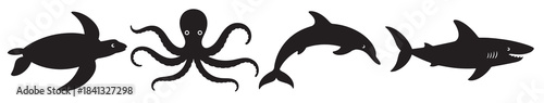 collection of black silhouette marine animals including