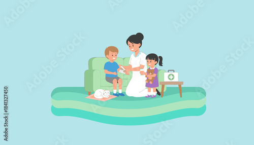 Caring nurse administering first aid to a boy at home pediatric care health and safety concept