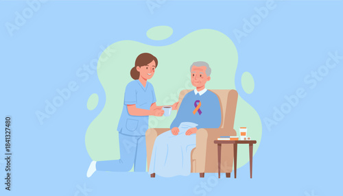 Professional caregiver assists senior patient sitting in an armchair with a warm drink