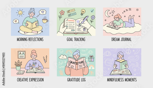 Cute set of women journaling for selfcare reflection goal tracking and gratitude logs