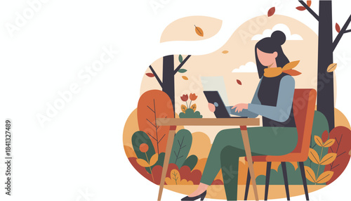 Woman working remotely on a laptop outdoors in an autumn park Freelance lifestyle and technology use