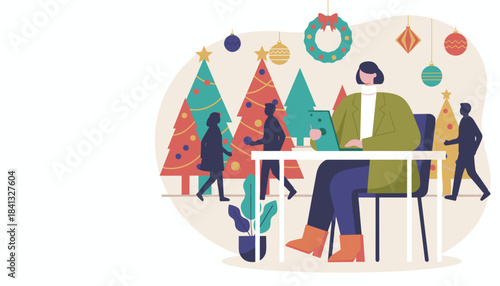 Professional woman working digitally near decorated Christmas trees and walking shoppers Holiday business concept