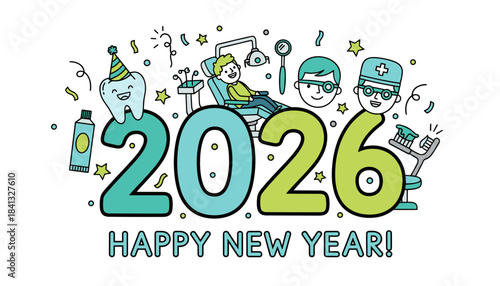 Cute dental Happy New Year 2026 illustration Dentist patient and tooth celebrate the new healthy year