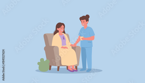 Nurse supports female patient with awareness ribbon Healthcare recovery and empathy illustration