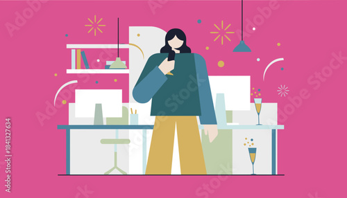 Office holiday party Woman uses smartphone amidst festive work celebration