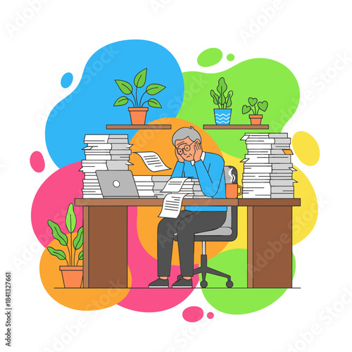 Frustrated senior man overwhelmed by piles of documents and excessive work at his office desk