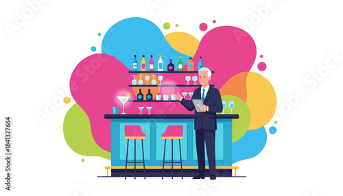 Stylish older man with a tablet managing his trendy cocktail lounge business