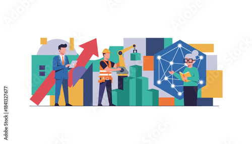 Strategy automation and tech innovation Diverse professionals drive business and industrial growth